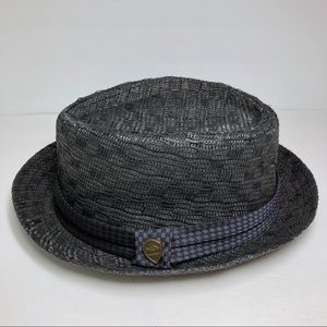 Pamoa Black Straw Fedora Checkerboard Weave Checked Black Grey Fabric Band